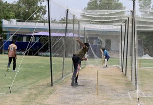 Female cricket players wait to give their trials during the two-day Prime Minister Youth Program organized by Lahore Qalandars at the Police Headquarters Ground.