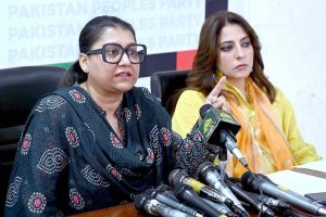Pakistan Peoples Party central leader Senator Palwasha Khan and Senator Quratulain Marri addressing a press conference at the party’s central secretariat in Sector G-6 of the Federal Capital.