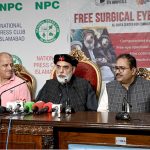Senator Muhammad Talha Mahmood talking to media persons during his visit to Free surgical eye camp organized by Al-Shifa Trust Eye hospital at National Press Club