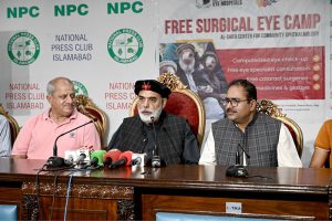 Senator Muhammad Talha Mahmood talking to media persons during his visit to Free surgical eye camp organized by Al-Shifa Trust Eye hospital at National Press Club