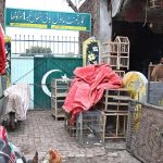 A view of encroachment by bird market vendors at the entrance of Government Model High School No. 1 with cages and pet supplies, disrupting the school’s main access