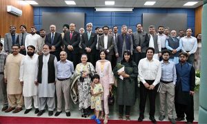 Federal Minister for Education and Professional Training, Dr. Khalid Maqbool Siddiqui, distributes prizes among position holders during the launching ceremony of the Annual Pakistan Non-Formal Education Statistical Report 2023-24 at the Auditorium of Allama Iqbal Open University (AIOU)