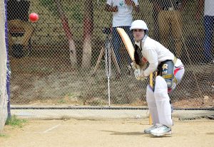 Female cricket players wait to give their trials during the two-day Prime Minister Youth Program organized by Lahore Qalandars at the Police Headquarters Ground.