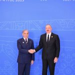 President of Azerbaijan, Ilham Aliyev receives Prime Minister Muhammad Shehbaz Sharif upon his arrival to attend 17th ECO Summit