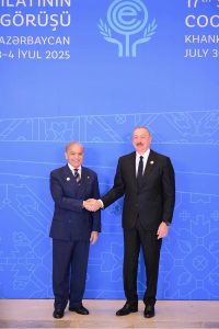 President of Azerbaijan, Ilham Aliyev receives Prime Minister Muhammad Shehbaz Sharif upon his arrival to attend 17th ECO Summit