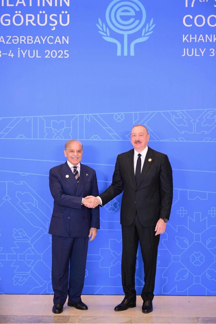President of Azerbaijan, Ilham Aliyev receives Prime Minister Muhammad Shehbaz Sharif upon his arrival to attend 17th ECO Summit