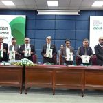 A group photo of Federal Minister for Education Dr. Khalid Maqbool Siddiqui, Secretary Nadeem Mahbub, AIOU Vice Chancellor Dr. Nasir Mahmood, and PIE Director General Dr. Shahid Soroya holding copies of the NFE ASR 2023-24 during the launch of the Annual Pakistan Non-Formal Education Statistical Report at AIOU
