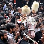 A large number of mourners attending the procession of 9th Muharram-ul-Haram. Muharram ul Harram known as the first month of the Islamic calendar and the mourning month in remembrance of the martyrdom (Shahadat) of Hazrat Imam Hussain (AS), the grandson of the Holy Prophet Mohammad (SAWW)