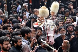 A large number of mourners attending the procession of 9th Muharram-ul-Haram. Muharram ul Harram known as the first month of the Islamic calendar and the mourning month in remembrance of the martyrdom (Shahadat) of Hazrat Imam Hussain (AS), the grandson of the Holy Prophet Mohammad (SAWW)