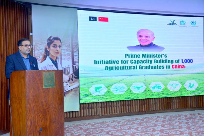Federal Secretary, Ministry of National Food Security and Research, Amir Muhyuddin, delivering a keynote address to the departing batch of agricultural graduates during the pre-departure ceremony for training in China