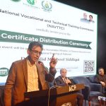 Federal Minister for Education and Professional Training Dr. Khalid Maqbool Siddiqui addressing the participants of a Certificate Distribution Ceremony organized by NAVTTC at Arts Council of Pakistan