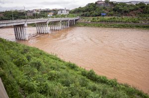 High water level in Soan River after heavy monsoon rain prompts red alert for nearby residential areas in twin cities.