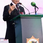 Prime Minister Muhammad Shehbaz Sharif addresses the audience after inaugurating the Pak Business Express Train at Lahore Railway Station.