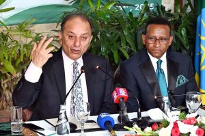 Federal Minister for Climate Change and Environmental Coordination, Dr. Musadik Malik, addresses a media briefing during the “Renewal Through Planting” campaign under the Green Legacy Initiative at the Ethiopian Embassy.