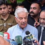 Defense Minister Khawaja Muhammad Asif is talking to media personnel on the occasion of visiting the main procession of the 10th of Muharram, Ashura Day