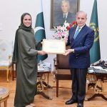 Prime Minister Muhammad Shehbaz Sharif presenting the certificate of nomination to Sheikha Asma Al Thani as Brand Ambassador for Mountains & Tourism of Pakistan