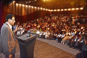 Federal Minister for Education and Professional Training Dr. Khalid Maqbool Siddiqui addressing the participants of a Certificate Distribution Ceremony organized by NAVTTC at Arts Council of Pakistan