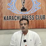 Balochistan Government Spokesman Shahid Rind addressing a press conference at the Karachi Press Club
