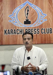 Balochistan Government Spokesman Shahid Rind addressing a press conference at the Karachi Press Club