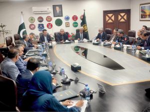 Federal Minister for Interior Mohsin Naqvi chairing a high-level meeting.