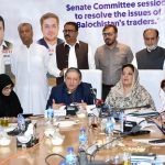 Senators Anusha Rahman and Saleem Mandviwala chair a joint press conference of the Senate Standing Committees on Commerce and Finance & Revenue at the Quetta Chamber of Commerce and Industry (QCCI