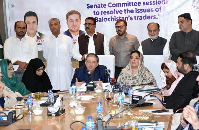 Senators Anusha Rahman and Saleem Mandviwala chair a joint press conference of the Senate Standing Committees on Commerce and Finance & Revenue at the Quetta Chamber of Commerce and Industry (QCCI