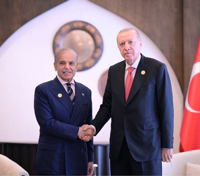 Prime Minister Muhammad Shehbaz Sharif meets President of Turkiye Recep Tayyip Erdogan on the sidelines of 17th ECO Summit