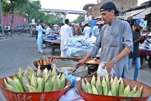 A street vendor roasts corn in sand and salt to attract customers near Nicholson Road