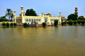 A view of rain water accumulated at Eid Gah Mosque.