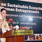 Federal Minister of State for Education and Vocational Training, Wajiha Qamar, addresses a seminar on “Sustainable Ecosystems for Women Entrepreneurs” organized under the GRASP initiative