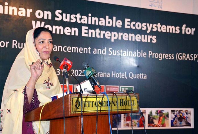 Federal Minister of State for Education and Vocational Training, Wajiha Qamar, addresses a seminar on “Sustainable Ecosystems for Women Entrepreneurs” organized under the GRASP initiative