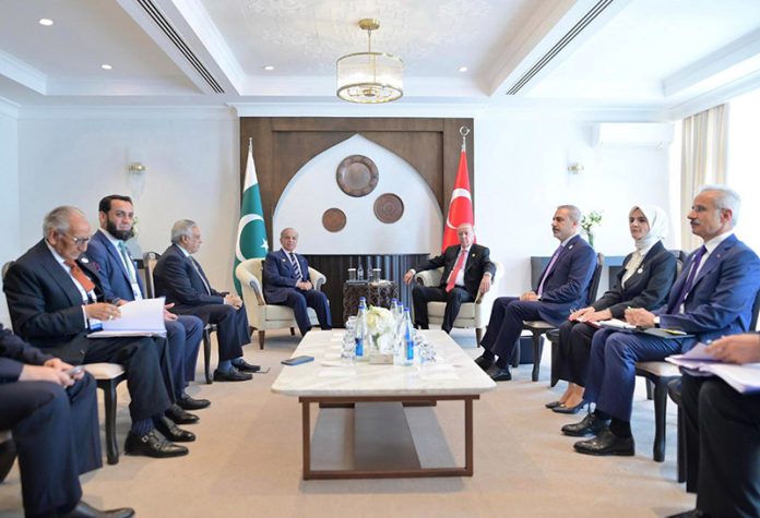 Prime Minister Muhammad Shehbaz Sharif meets President of Turkiye Recep Tayyip Erdogan on the sidelines of 17th ECO Summit