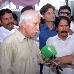 Federal Minister for Investment Board Qasier Ahmad Sheikh talking to media persons regarding Youm e Ashura on 10th Muharram at his residence