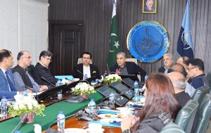 Federal Minister for Interior Mohsin Naqvi chairing a meeting at FIA Headquarters.