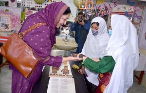 Minister of State for Education and Vocational Training, Ms. Wajiha Qamar, speaks to media personnel during her visit to the Women Technical Training Center in Quetta.