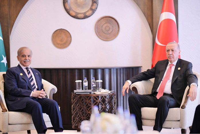 Prime Minister Muhammad Shehbaz Sharif meets President of Turkiye Recep Tayyip Erdogan on the sidelines of 17th ECO Summit