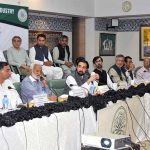 President of the Chamber of Commerce & Industry, Bakhtawar Tanvir Sheikh, addresses a press conference alongside fellow members at the Multan Chamber of Commerce and Industry (MCCI)