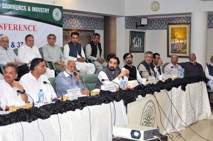 President of the Chamber of Commerce & Industry, Bakhtawar Tanvir Sheikh, addresses a press conference alongside fellow members at the Multan Chamber of Commerce and Industry (MCCI)