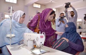 Minister of State for Education and Vocational Training, Ms. Wajiha Qamar, speaks to media personnel during her visit to the Women Technical Training Center in Quetta.