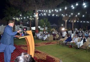Federal Minister for Poverty Alleviation, Syed Imran Ahmed Shah, addresses a ceremony on “Interactive Dialogue for Promoting Innovative and Inclusive Education Models for Madaris and Out-of-School Children” at BRSP Quetta
