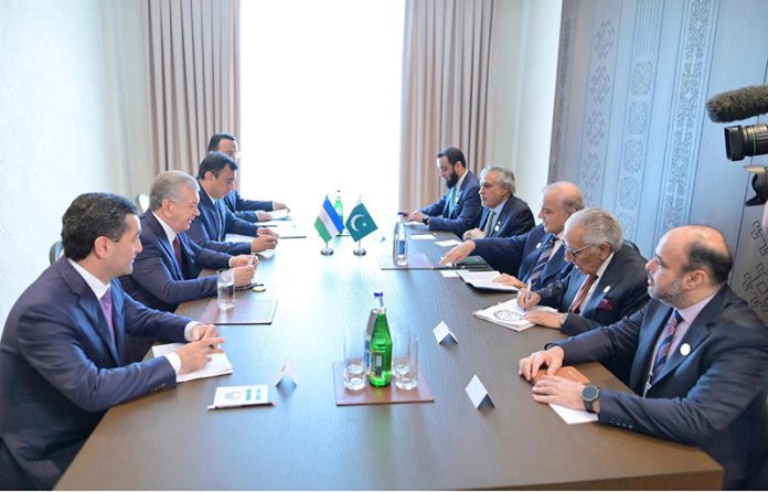 Prime Minister Muhammad Shehbaz Sharif meets President of Uzbekistan H.E Shavkat Mirziyoyev on the sidelines of 17th ECO Summit