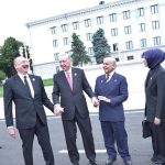 Prime Minister Muhammad Shehbaz Sharif, President of Turkiye Recep Tayyip Erdogan and President of Azerbaijan Ilham Aliyev holding hands in solidarity showing the strong brotherly ties between the three countries after the conclusion of 17th ECO Summit