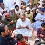 Federal Minister for Communications Abdul Aleem Khan is expressing condolences and offering Fateha to the family of Lance Naik Ghulam Saeed, martyred in the bus shooting in Balochistan