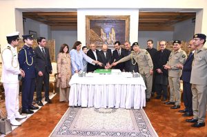 Chairman Senate Syed Yousaf Raza Gillani participates in the cake-cutting ceremony held in honor of President Asif Ali Zardari's birthday at the President House