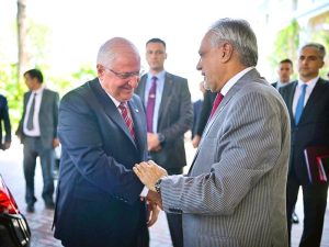 Deputy Prime Minister and Foreign Minister, Senator Mohammad Ishaq Dar receives the Turkish Minister of National Defence, Yasar Guler at Ministry of Foreign Affairs