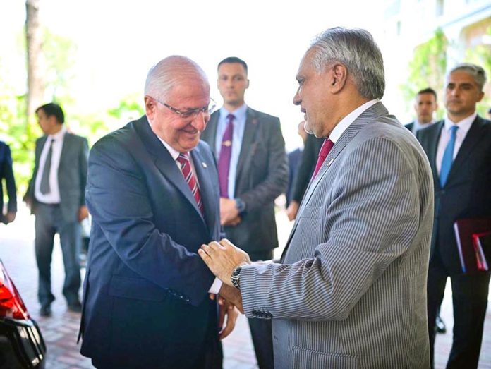 Deputy Prime Minister and Foreign Minister, Senator Mohammad Ishaq Dar receives the Turkish Minister of National Defence, Yasar Guler at Ministry of Foreign Affairs