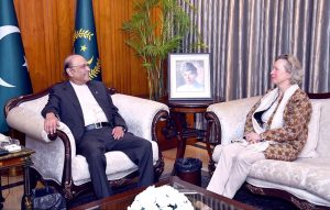 The outgoing Ambassador of Austria, Mrs. Andrea Wicke, calls on President Asif Ali Zardari at Aiwan-e- Sadr.