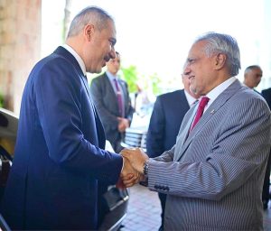 Deputy Prime Minister and Foreign Minister, Senator Mohammad Ishaq Dar receives the Turkish Minister of National Defence, Yasar Guler at Ministry of Foreign Affairs
