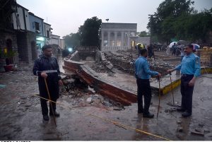 The boundary wall of a nullah in Saidpur Village collapsed due to flooding caused by heavy rainfall in the Federal Capital.