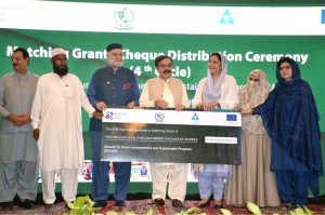 Balochistan Governor Jaffar Khan Mandukhel and federal ministers present a grant cheque of Rs10 million to women during a seminar on women in agriculture at Governor House